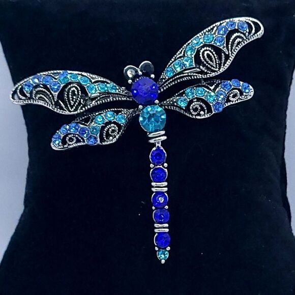 Blue Dragonfly Rhinestone Brooch Large Sparkly Silver Lapel Pin Backpack Fairy - Picture 6 of 7
